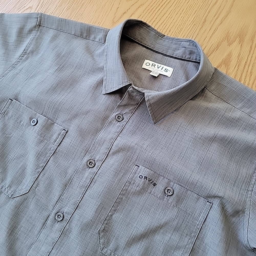 Orvis Tech Shirt Mens 2XL Button Up Short Sleeve Gray Fishing Casual Performance